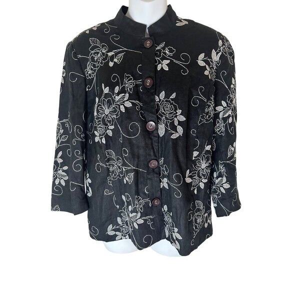 Black Floral Embroidered Linen Blend Button-Up Jacket 16P Boho Officecore - Picture 2 of 5
